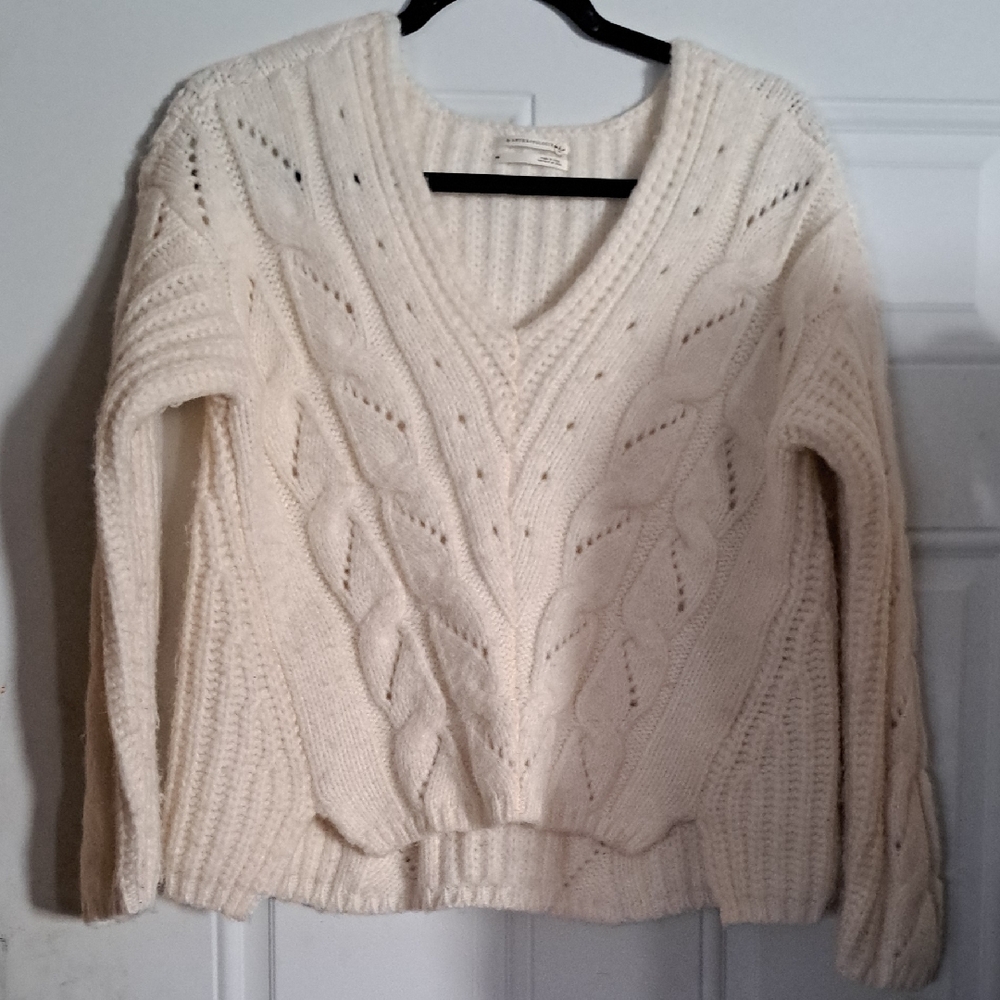 Anthropologie Ivory V-Neck Knit Sweater